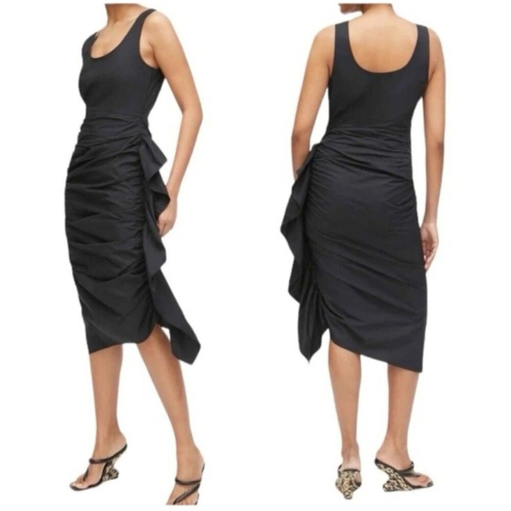 RHODE Black Elsie Ruched Poplin Cotton Midi Tank Dress Asymmetric Ruffle 4